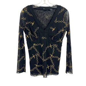 Vintage Y2K Black & Gold Chain Link Print Mesh Long Sleeve V-Neck Top MEDIUM